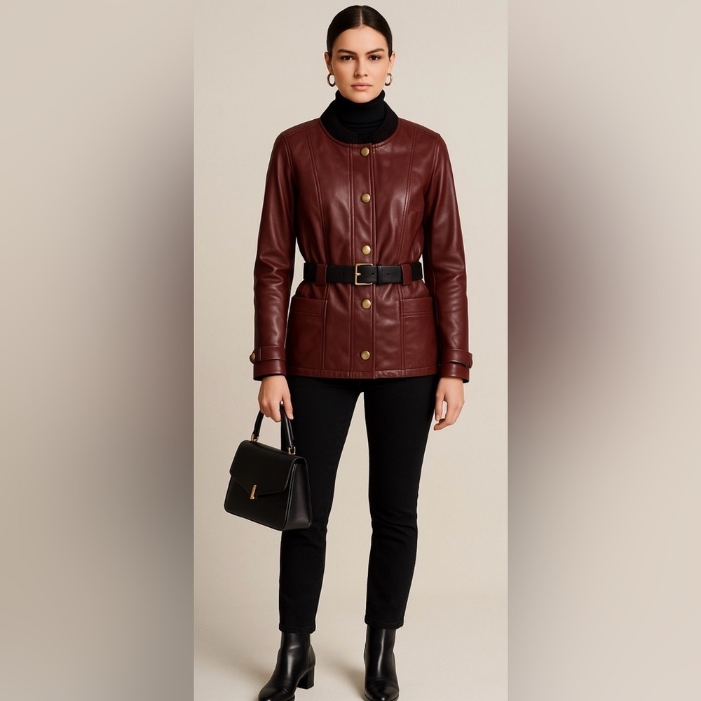 Louis Vuitton Burgundy Leather Jacket Belted Monogram Lining Women’s 38